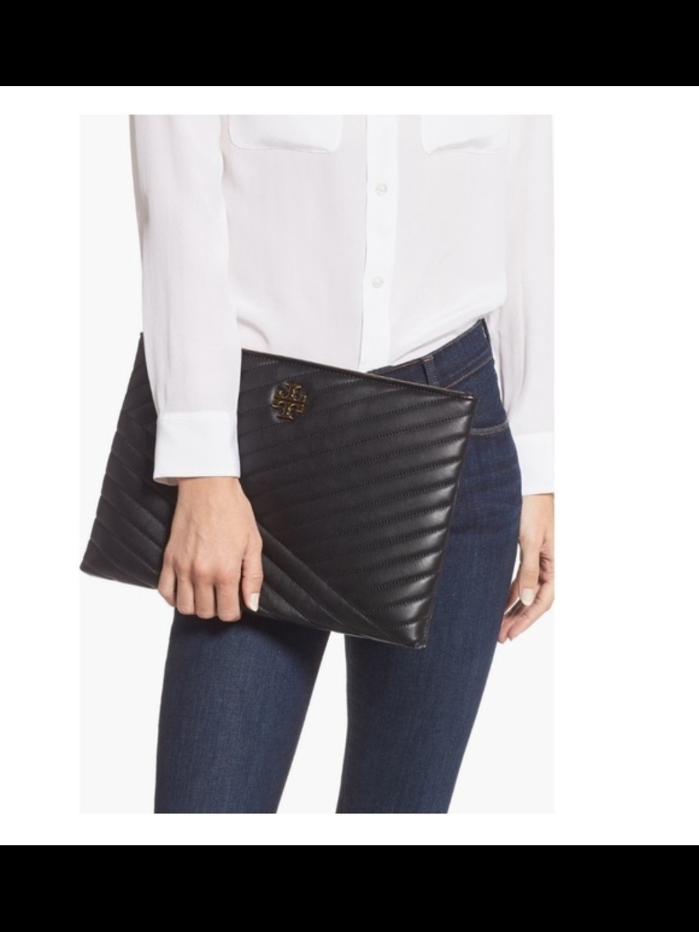 Tory Burch Black Quilted Chevron Pouch with Gold Logo
